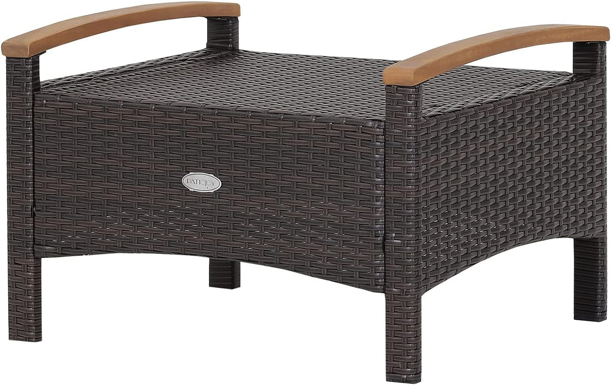 Tangkula 2 Piece Patio Rattan Ottomans, Outdoor Wicker Footstool w/Acacia Wood Handles, Soft Zippered Cushions, 3-in-1 Function Footstool Seat & Side Table for Backyard, Balcony, Poolside (Beige)