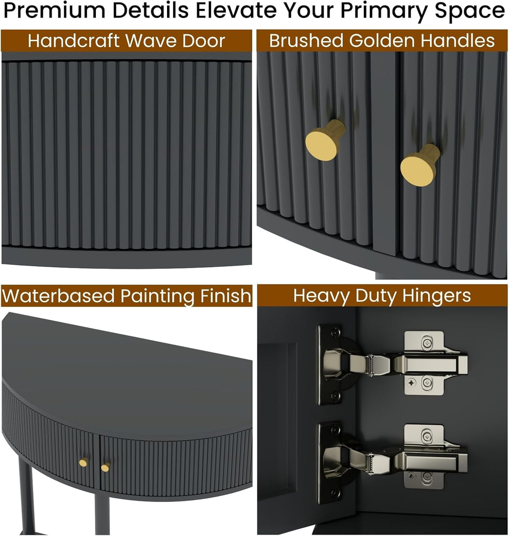 Entryway Table, Artisan-Crafted Half Moon Fluted Console Tables with 2 Rattan Storage,Small Half Circle Tables for Hallway, Narrow Round Accent Decort Table for Living Room (Dark Gray)