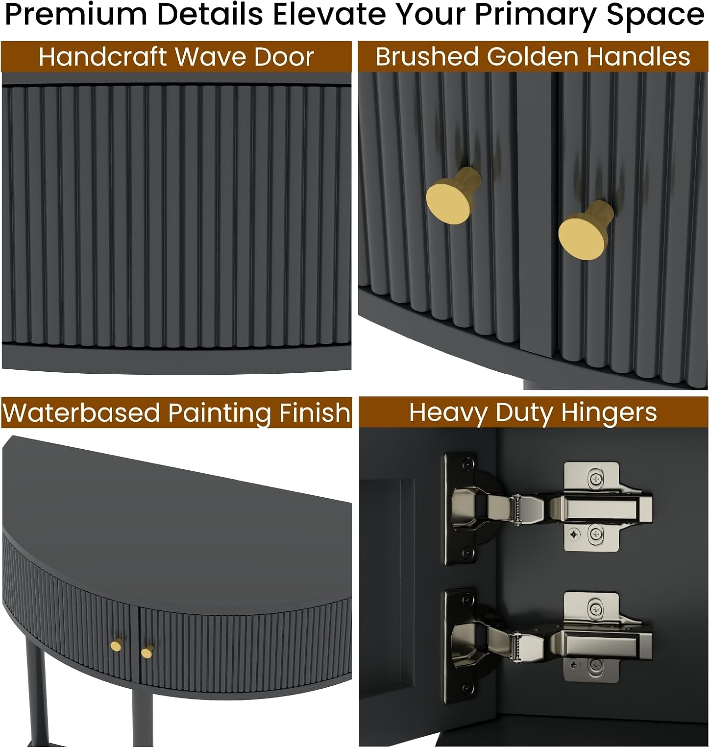 Entryway Table, Artisan-Crafted Half Moon Fluted Console Tables with 2 Rattan Storage,Small Half Circle Tables for Hallway, Narrow Round Accent Decort Table for Living Room (Dark Gray)