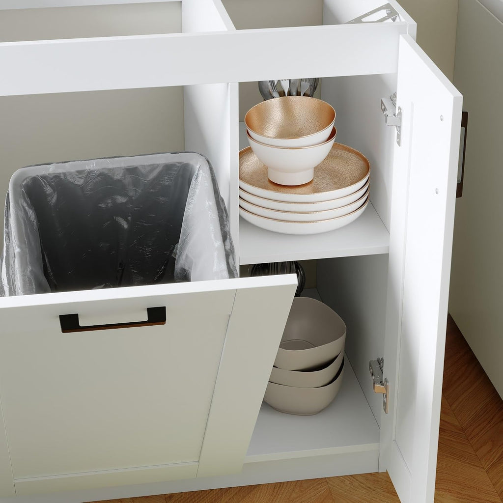Timechee White Modern Kitchen Pantry Storage Cabinet with Wall Cupboard Set, Wall Pantry Cupboard with Tilt Out Trash Can Cabinet, Storage Shelves, Kitchen Buffet Sideboard Set for Dining Room