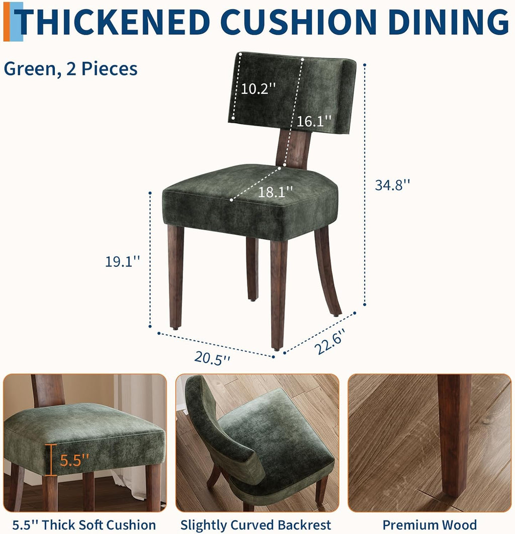 Garvee Dining Chairs Set of 2, Mid Century Modern Upholstered Chairs with Rattan Brown Wood Back, Armless Kitchen Chairs with Wood Legs for Dining Room Living Room, Green