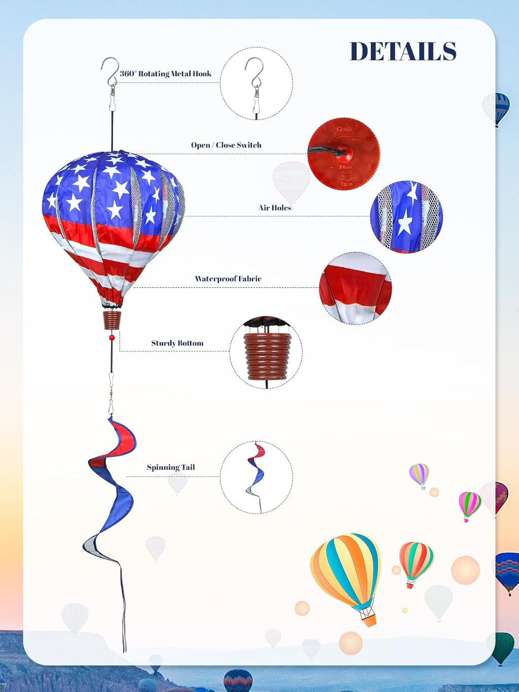 2PCS Giant Patriotic Hot Air Balloon Wind Spinners 14" W x 59" H Large American Whirligig Wind Spinner Hanging Ornaments for Memorial Day July of 4th Yard Garden Lawn Outdoor Decorations