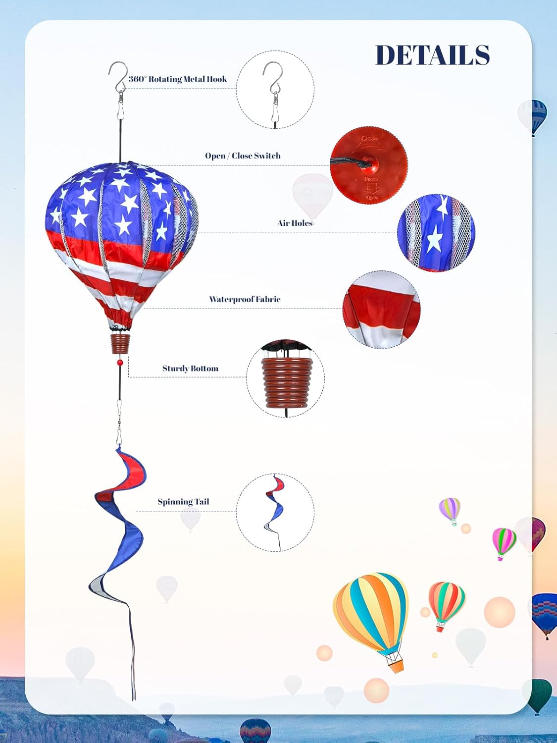 2PCS Giant Patriotic Hot Air Balloon Wind Spinners 14" W x 59" H Large American Whirligig Wind Spinner Hanging Ornaments for Memorial Day July of 4th Yard Garden Lawn Outdoor Decorations
