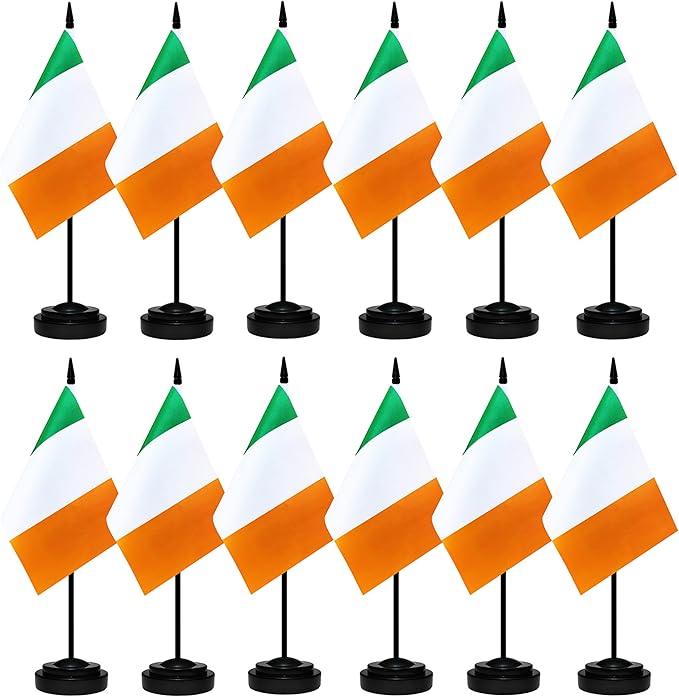 12 Pack Ireland Desk Flags Set, Irish Small Mini Table Office Flags With 12" Solid Black Pole, Black Base and Spear Top, Miniature Desktop Flag, Home Decoration, Office Decoration, Festival