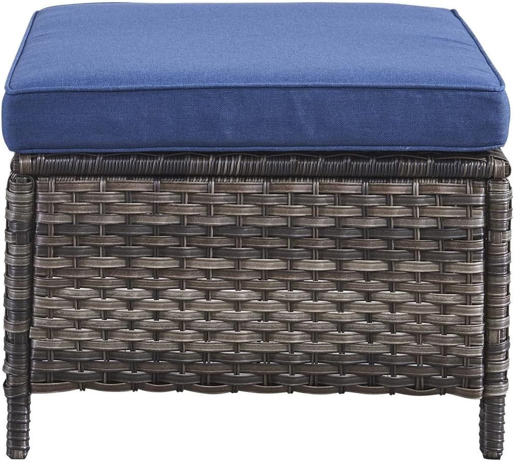 Outdoor Rattan Ottomans Wicker with Blue Cushion (Set of 2) Black Modern Contemporary Square Steel Ottoman Included