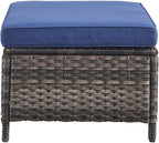 Outdoor Rattan Ottomans Wicker with Blue Cushion (Set of 2) Black Modern Contemporary Square Steel Ottoman Included