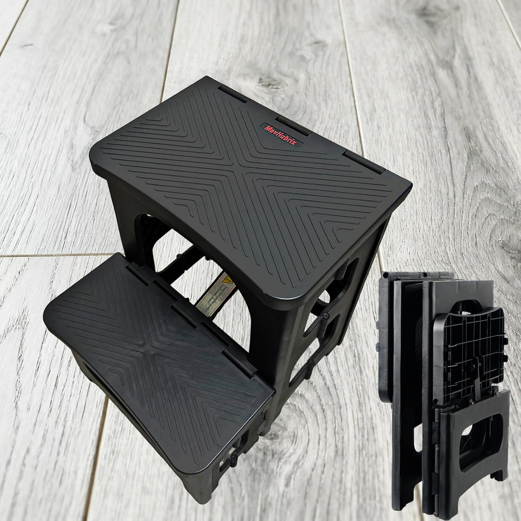 2-Step Folding Stool Ladder,Non-Slip Portable Collapsible Step Stool for Kitchen Bathroom Home RV Closet Office, 16.5" Heights, Holds 300 lbs,Foldable Lightweight Design only 4.6Ibs (Black)