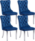 Modern Velvet Upholstered Dining Chairs Set of 4 - Tufted Back with Nailhead Trim & Silver Stainless Steel Legs for Kitchen, Dining Room, Living Room (Blue)