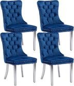 Modern Velvet Upholstered Dining Chairs Set of 4 - Tufted Back with Nailhead Trim & Silver Stainless Steel Legs for Kitchen, Dining Room, Living Room (Blue)