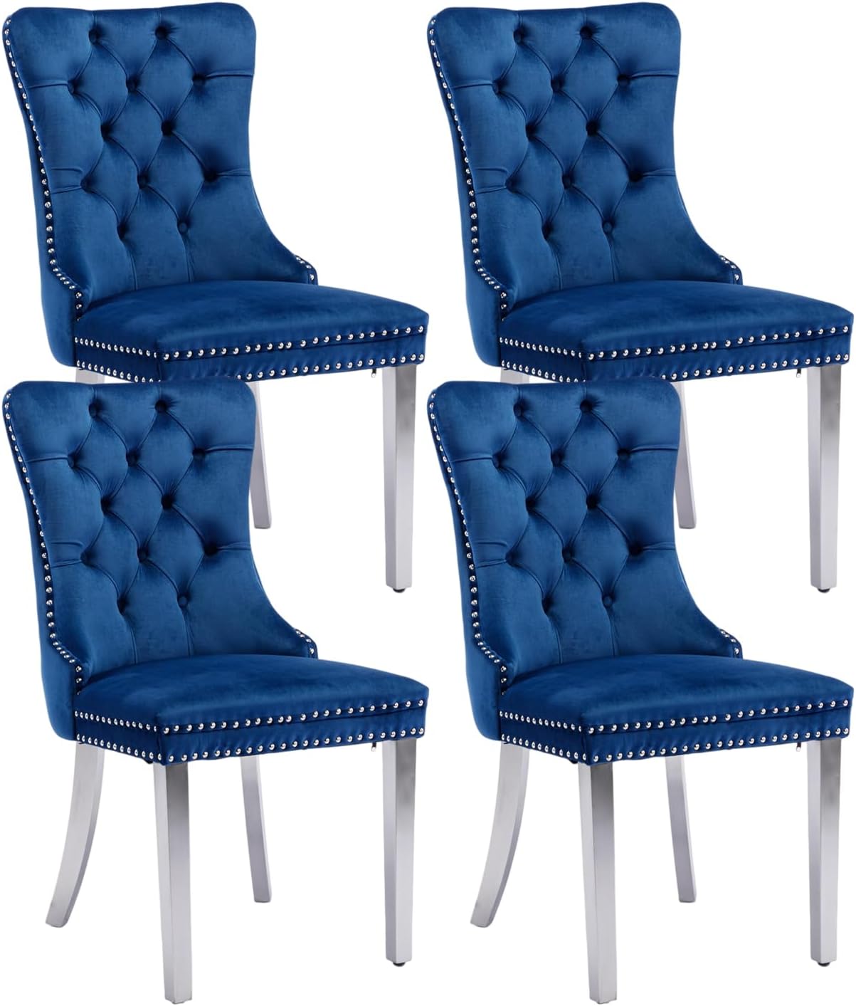 Modern Velvet Upholstered Dining Chairs Set of 4 - Tufted Back with Nailhead Trim & Silver Stainless Steel Legs for Kitchen, Dining Room, Living Room (Blue)
