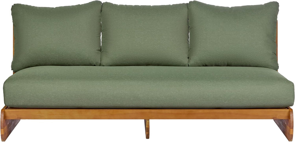 Merax Outdoor Acacia Wood Sofa with All-Weather Cushions, Patio Low 3-Seater Lounge Sofa for Porch, Lawn, Backyard, Balcony, Green+Teak