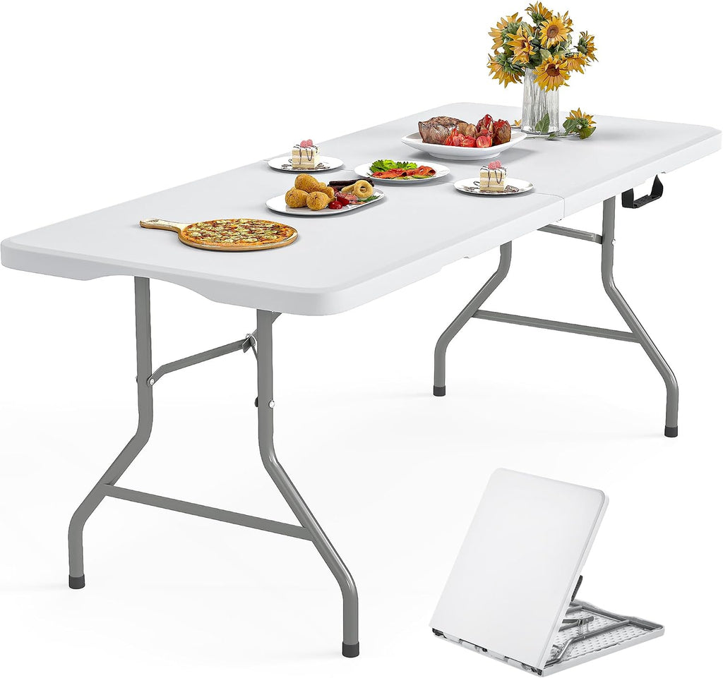 8ft Folding Table Heavy Duty Foldable Table Lightweight Plastic Table with Reinforced Legs for Indoor Outdoor Use Perfect Portable Folding Tables for Parties, BBQs, Weddings, Camping White