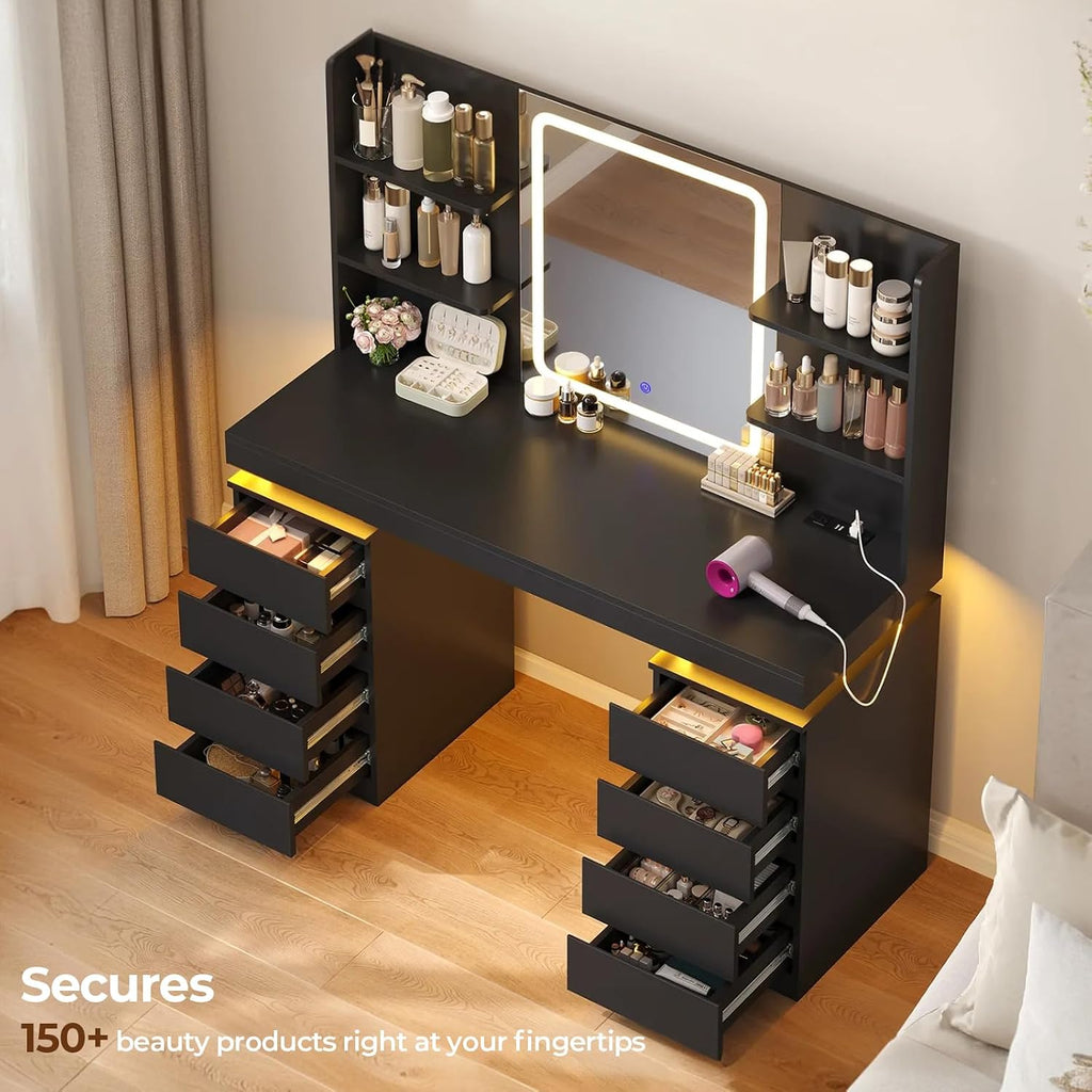 ADORNEVE Vanity Desk with Mirror & Lights, 8 Drawers Black | Built-in Charging Station, Large Makeup Vanity with RGB Lights Floating Desk, for Women Girls Bedroom