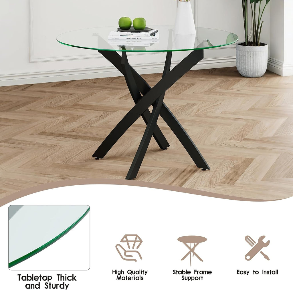 Modern Round Glass Dining Table Set for 4, 36'' Small Tempered Glass Tabletop Black Base with 4 Black Minimalism Dining Chairs, 5-Piece Clear Circle Dining Table Set(Easy Assemble)