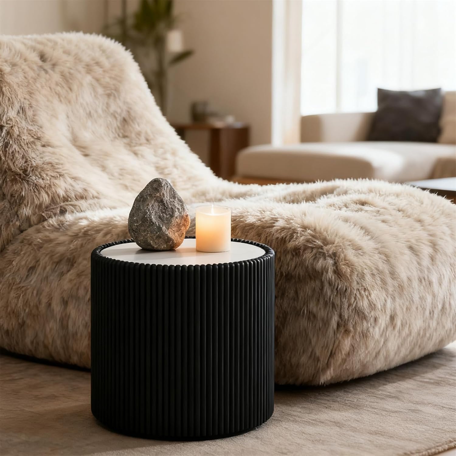 17.7-Inch Round End Table for Living Room Office, White Faux Marble Tabletop, Black Fluted PU Leather Covered, Modern Round Sofa Side Table Small Coffee Table, 17.71''Dia x 17.71''H
