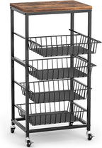 Fruit Vegetable Cart, 4-Tier Snack & Kitchen Cart on Wheels with Storage, Pull-Out Baskets & Wood Top, Rolling Organizer for Pantry, Living Room (Brown)