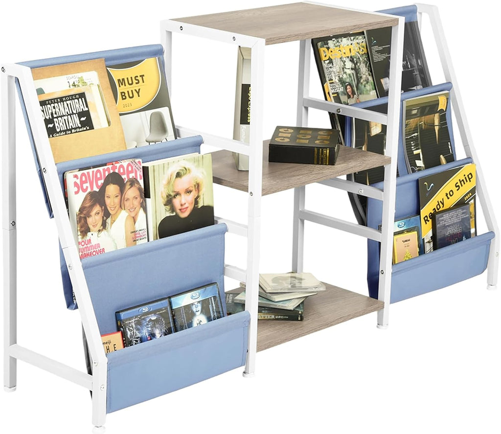 FurnitureR 3-Tier End Table with Record Player Stand and Vinyl Storage, Multi-Purpose Side Table Bookcase and Magazine Rack with Dual-Sided Fabric Pockets, Display Shelf Organizer, Blue/White