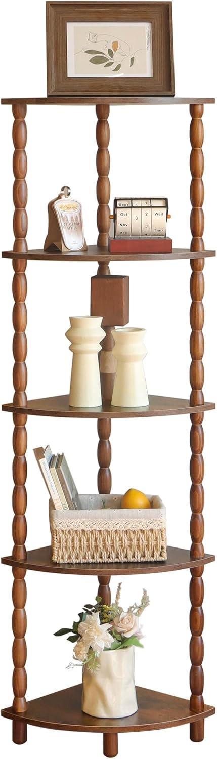 MaxSmeo Corner Shelf, 5-Tier Corner Bookshelf for Small Spaces, Stylish Corner Storage Display Shelves for Bedroom, Bathroom, Kitchen, Living Room (Rustic Brown)