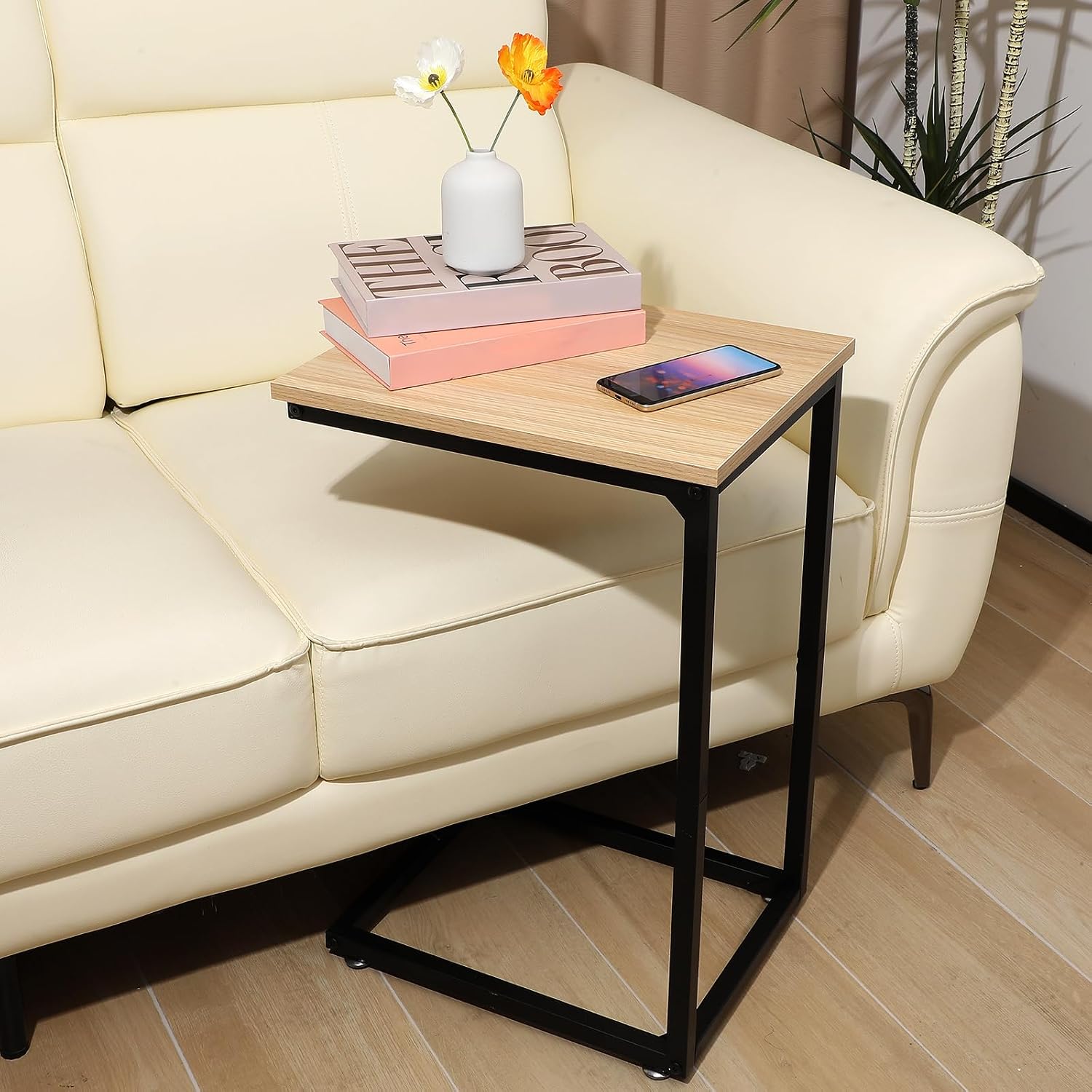 Cabilock C Shaped End Table, Side Table for Couch with Storage, Space-Saving Couch Desk for Living Room, Bedroom, Home Office, Small Spaces, Brown, Carbon Steel and Wood