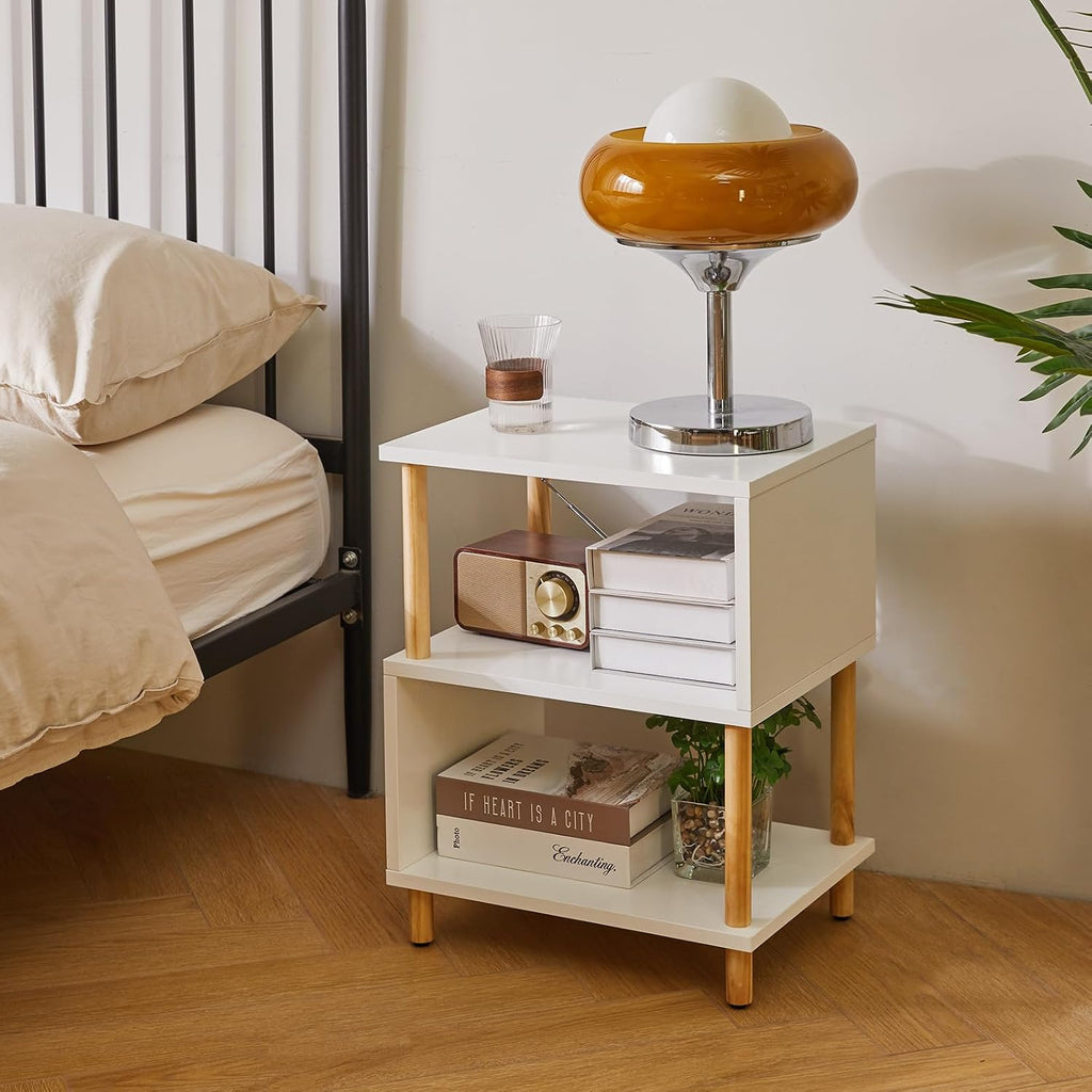 Aibiju White Night Stand with Open Storage Shelf, Wood Nightstand S Shape, Bed Side Table 3 Tier 20 inch high, End Table White/Natural Wood YD-TM152W