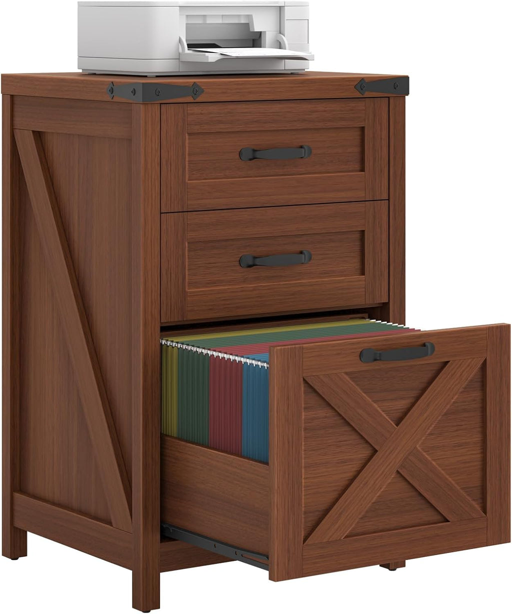 Halitaa Small Farmhouse File Cabinet with 3 Drawers for Home Office, Walnut | Vertical Filing Cabinet Fits Letter and A4 Size, Farmhouse Printer Stand, Under Desk Wooden File Cabinet