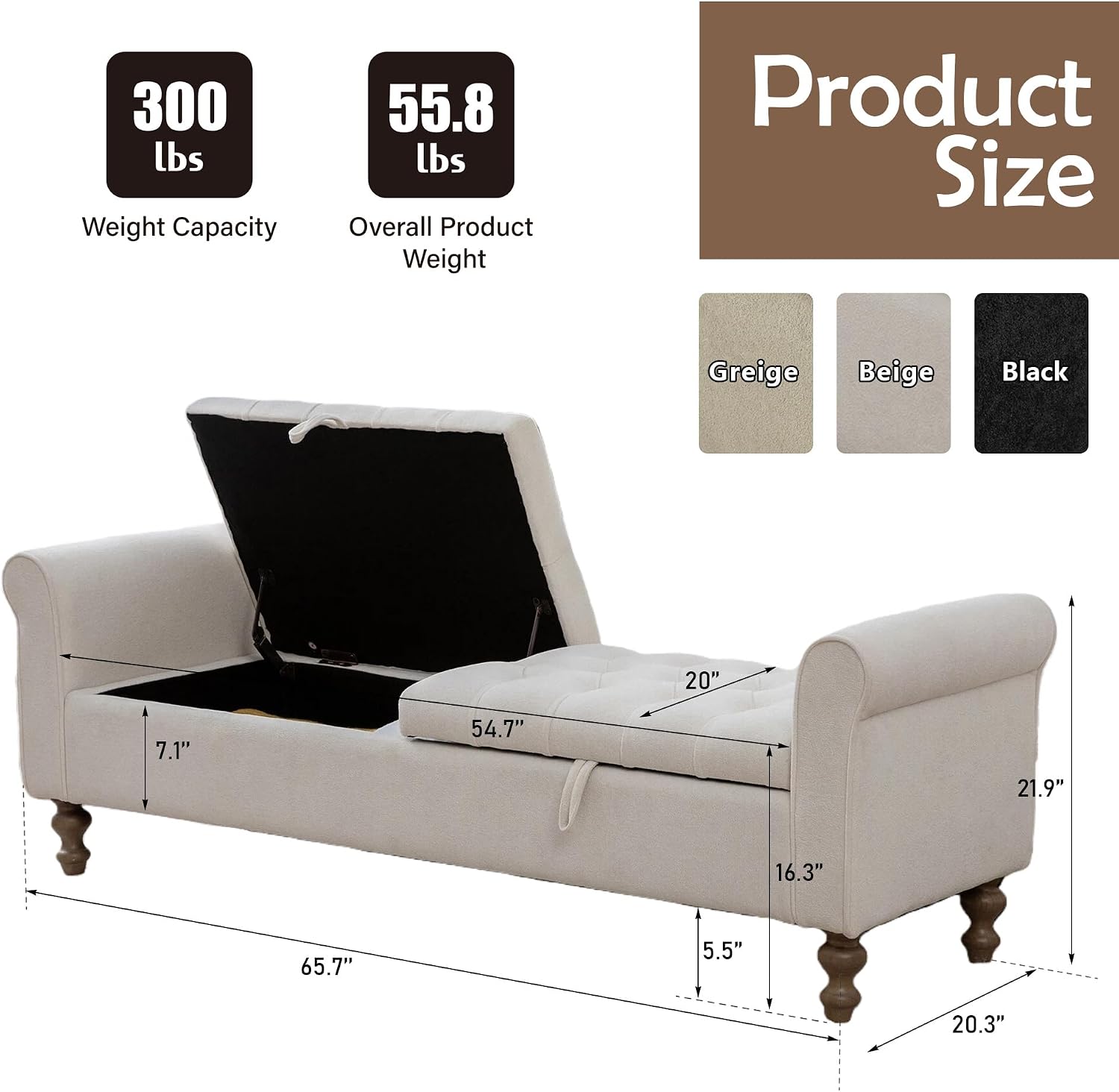 66" End of Bed Storage Bench King Size Beige,Napped Fabric Window Bench with Dual-Opening Compartments,Long Tufted Storage Bench Living Room,Bedroom,Entryway