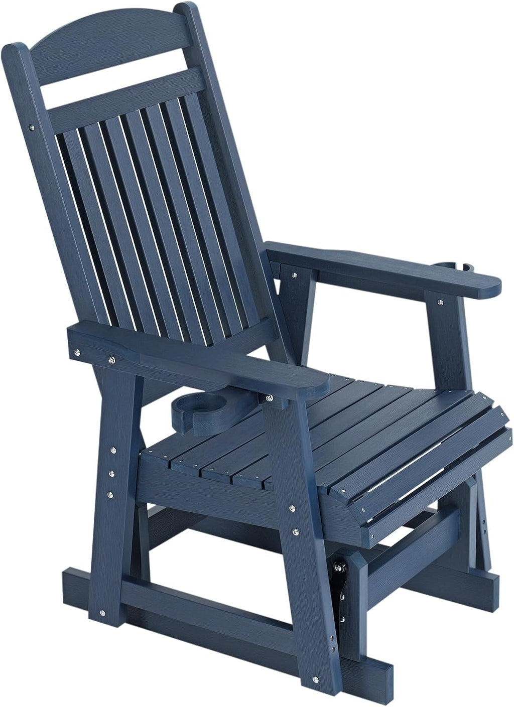 Poly Lumber Patio Glider for One Person, with Cup Holders, High Backrest and Deep Contoured Seat, HIPS Material, All-Weather Resistant, Heavy Duty 700 LBS (Navy Blue)