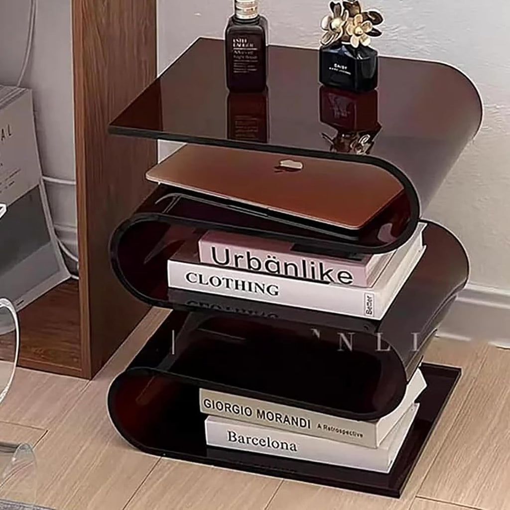 S-Shaped Acrylic End Table, 3 Tier Magazine Holder, Multipurpose Acrylic Side Table & Nightstand for Bedroom Living Room, Modern Furniture Organizer (Brown)