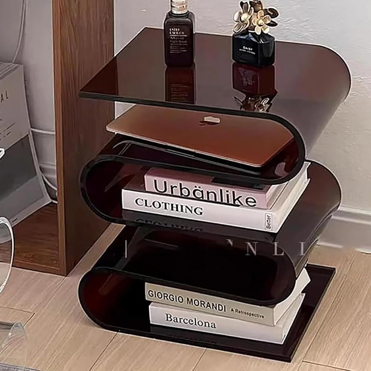 S-Shaped Acrylic End Table, 3 Tier Magazine Holder, Multipurpose Acrylic Side Table & Nightstand for Bedroom Living Room, Modern Furniture Organizer (Brown)