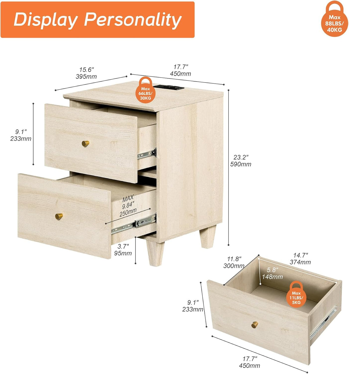 WAMPAT Nightstands with Charging Station&2 Sliding Storage Drawers, Modern Farmhouse End Tables Wood Bedside Table with 2 AC Outlets & USB Ports for Living Room, Bedroom, Light Oak