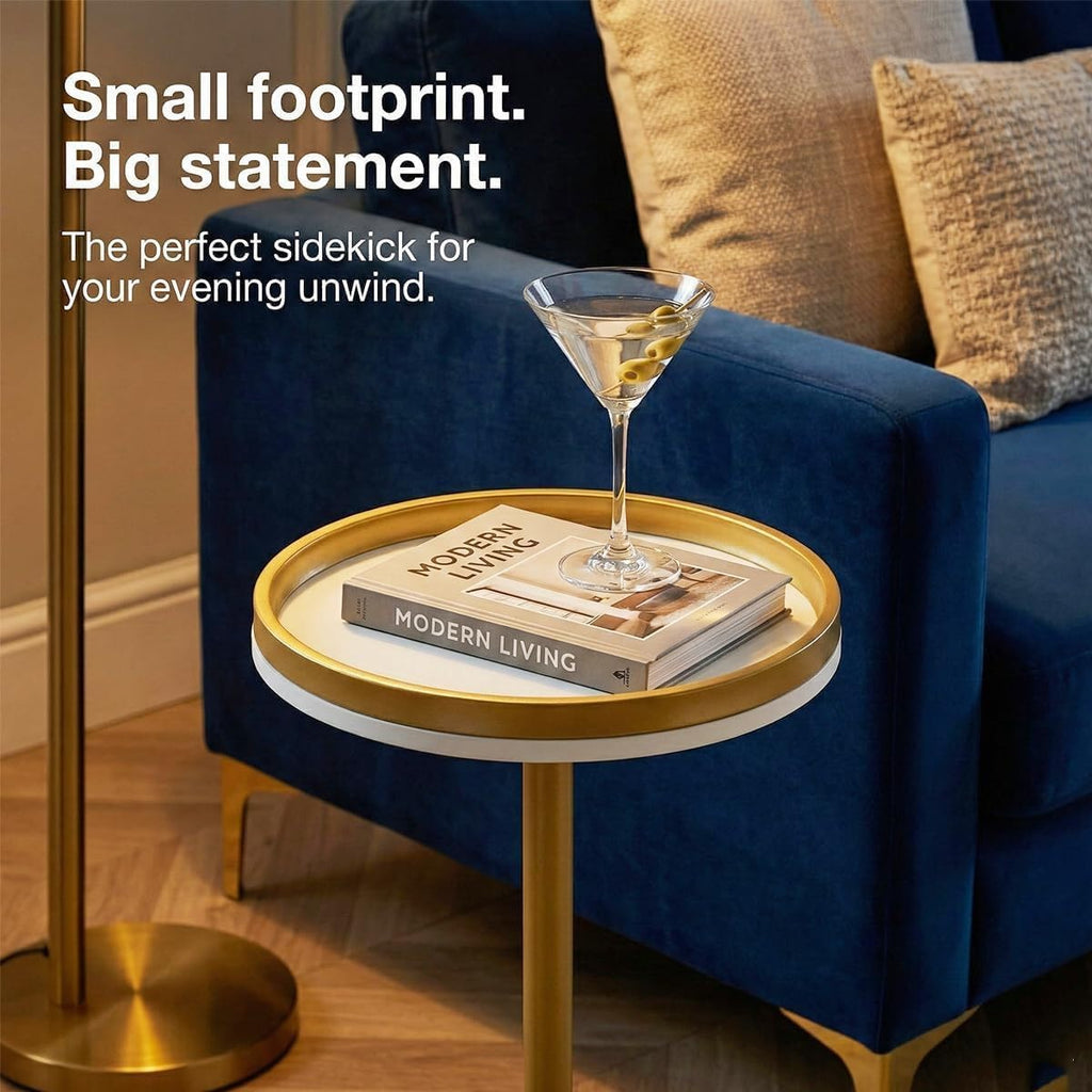 Martini Table, Small Round Drink Table with Weighted Base,Modern White & Gold Pedestal End Table with Tray Top Edge for Small Spaces, Living Room, Next to Sofa,24.7 "Tall