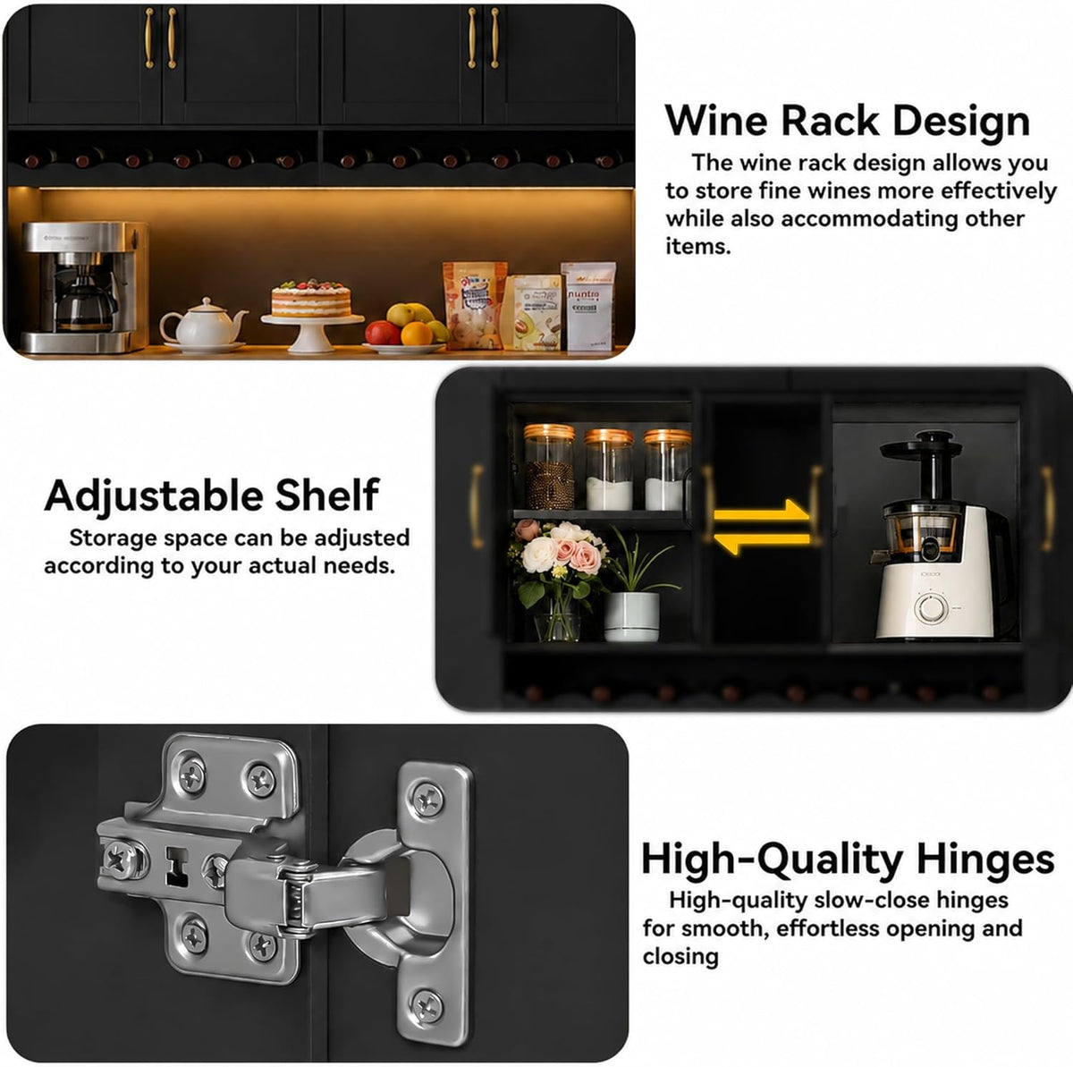 72" Tall Kitchen Pantry Cabinet with Charging Station 55" Wide Kitchen Hutch Cabinet with LED Light and Countertop Large Kitchen Cabinet with Adjustable Shelves and Wine Rack Black