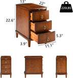 Solid Wood End Table with 3 Drawers, Cherry Red American Style Beside Table with Slide-Out Coffee Tray, Sofa Chair Side Table Nightstand for Living Room Bedroom, Rustic Wood Grain Accent Table 1569MG