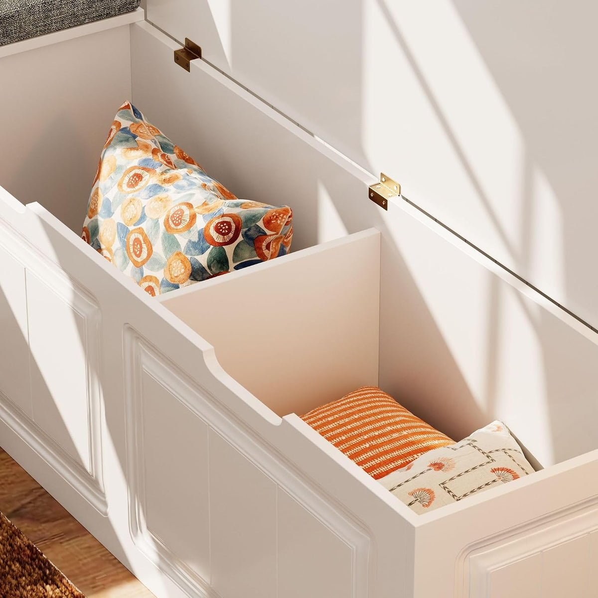 L-Shaped Corner Storage Bench with Cushion, Kitchen Breakfast Nook Entryway Bench with Hidden Space and Shoe Storage, Corner Banquette Benches for Dining Room, Living Room, White & Grey