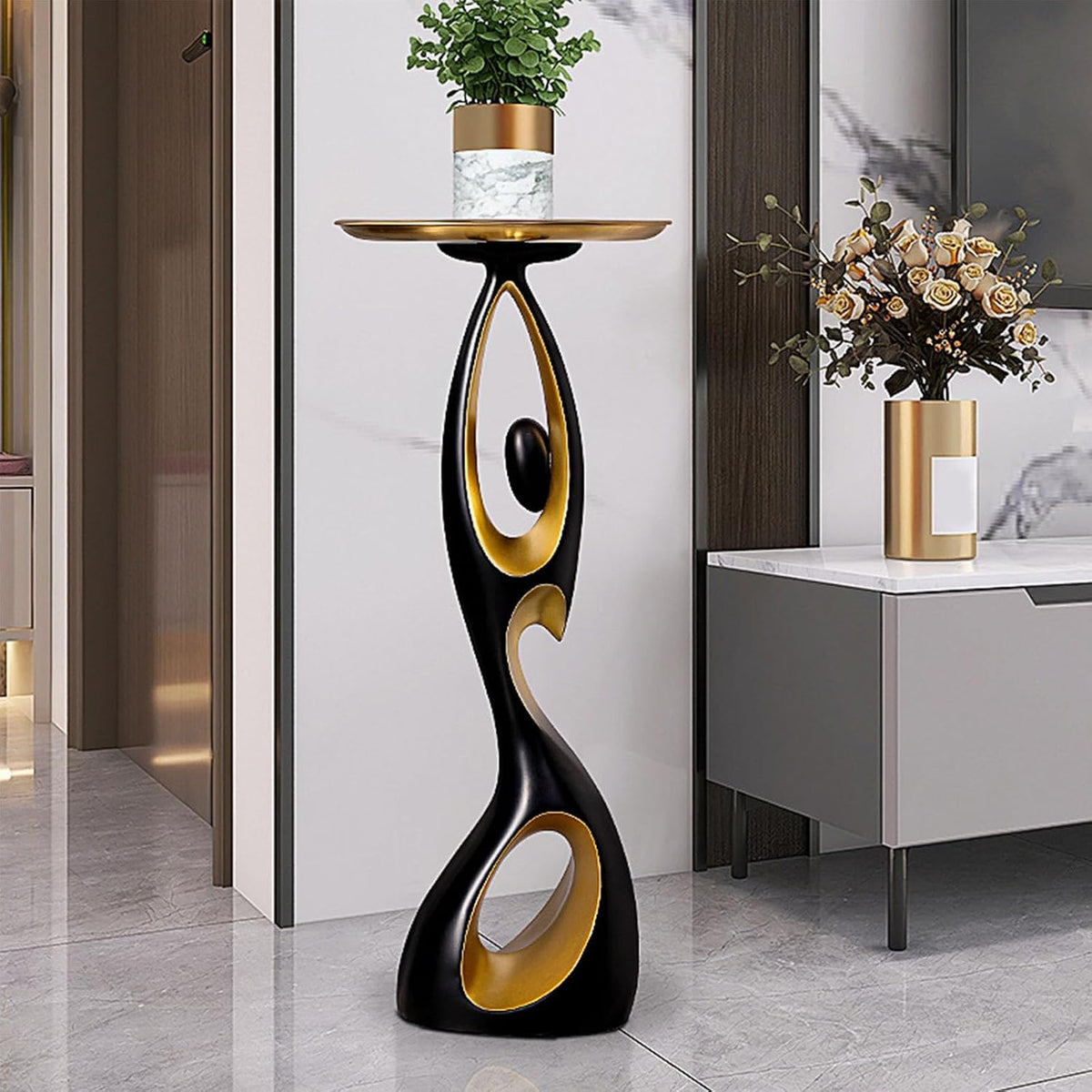 Modern Side Table with Metal Top,Resin End Table with Art Base,Round Bedside Table Coffee Table, Minimalist Accent Table,Small Space Drinking Table for Living Room Bedroom