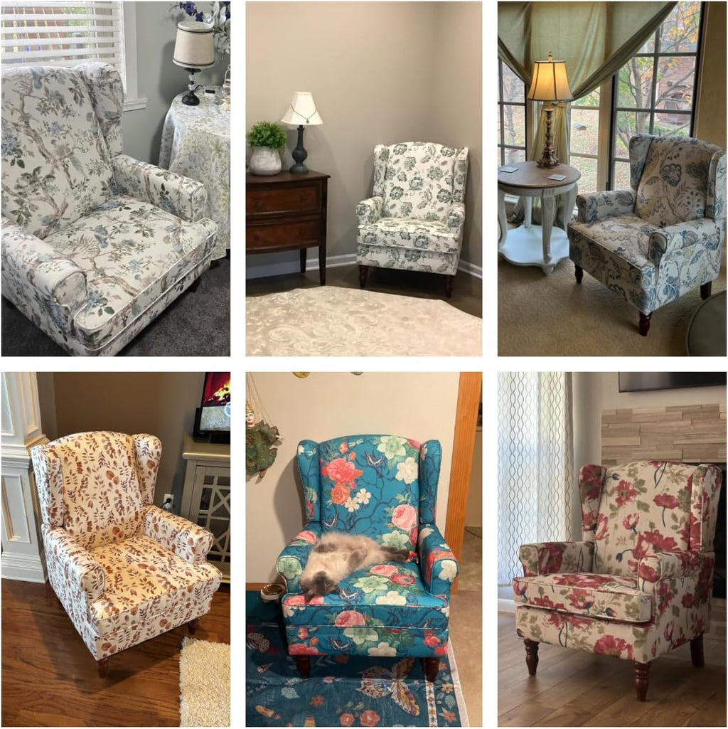 EROMMY Floral Accent Chair, Comfortable High Back Upholstered Armchair with Solid Wood Legs, Leisure Single Sofa Chair for Living Room, Home Office, Bedroom, Blue Floral