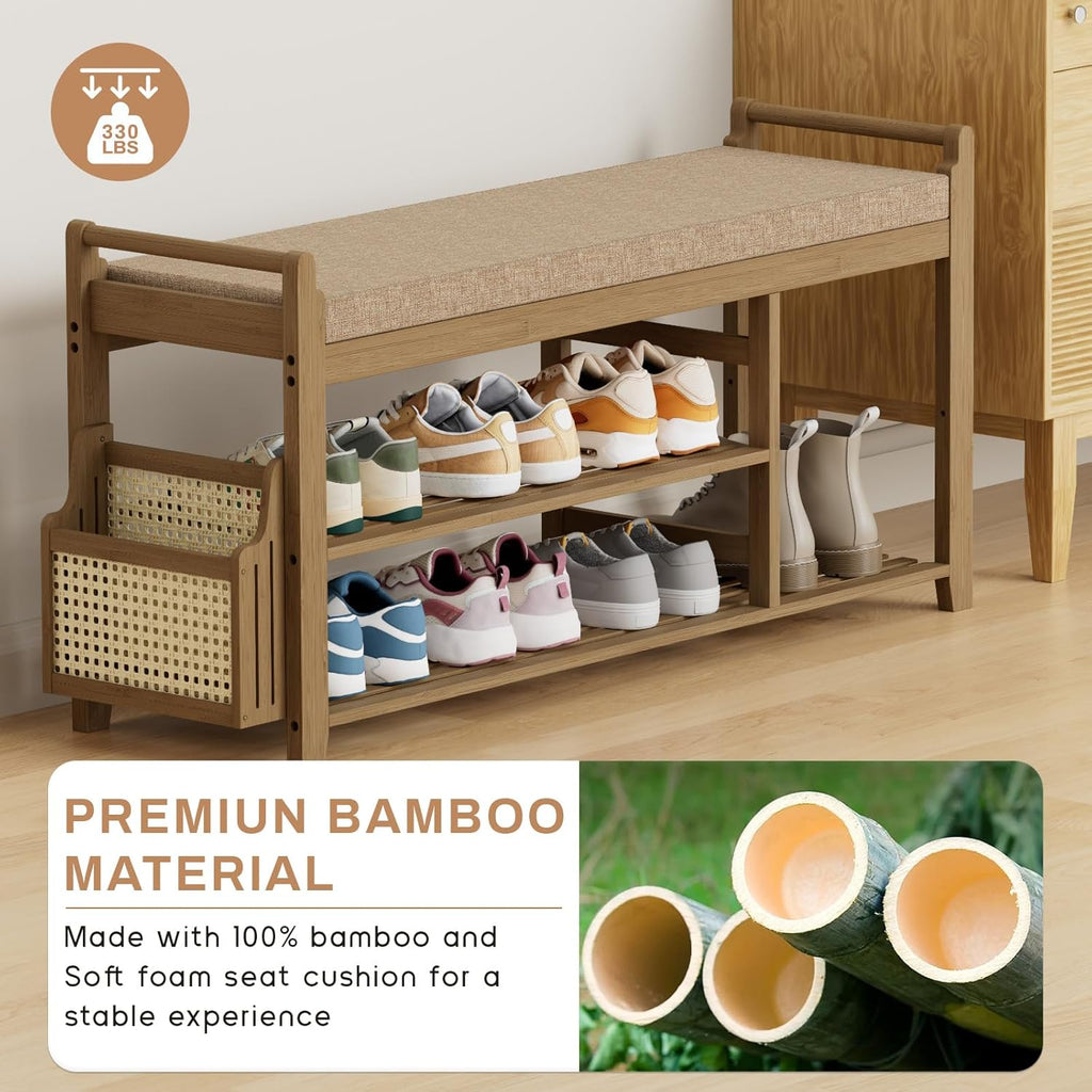 Homaxy 2-Tier Shoe Rack Bench with Side Holder, 39.4 in Bamboo Entryway Bench, Shoe Rack Organizer with Cushion for Front Entrance, Hallway Living Room Bedroom, Walnut and Light Brown