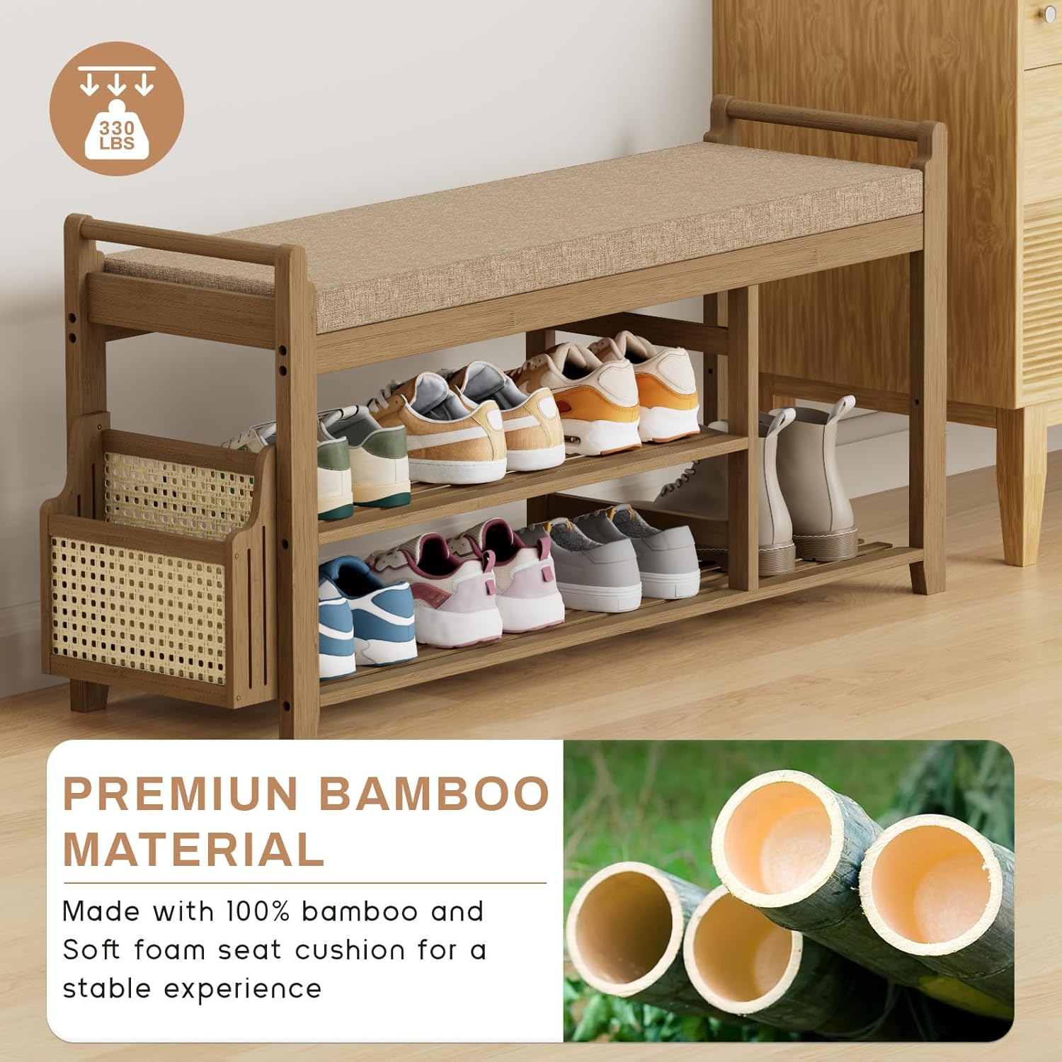 Homaxy 2-Tier Shoe Rack Bench with Side Holder, 39.4 in Bamboo Entryway Bench, Shoe Rack Organizer with Cushion for Front Entrance, Hallway Living Room Bedroom, Walnut and Light Brown