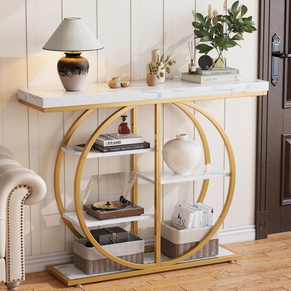 LIFECHOVY 41.3" Console Table for Entryway, Industrial Hallway Sofa Table with Storage Shelves, Narrow Accent Decor Living Room Furniture with Circle Base for Foyer, Entrance, White Gold