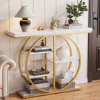 LIFECHOVY 41.3" Console Table for Entryway, Industrial Hallway Sofa Table with Storage Shelves, Narrow Accent Decor Living Room Furniture with Circle Base for Foyer, Entrance, White Gold