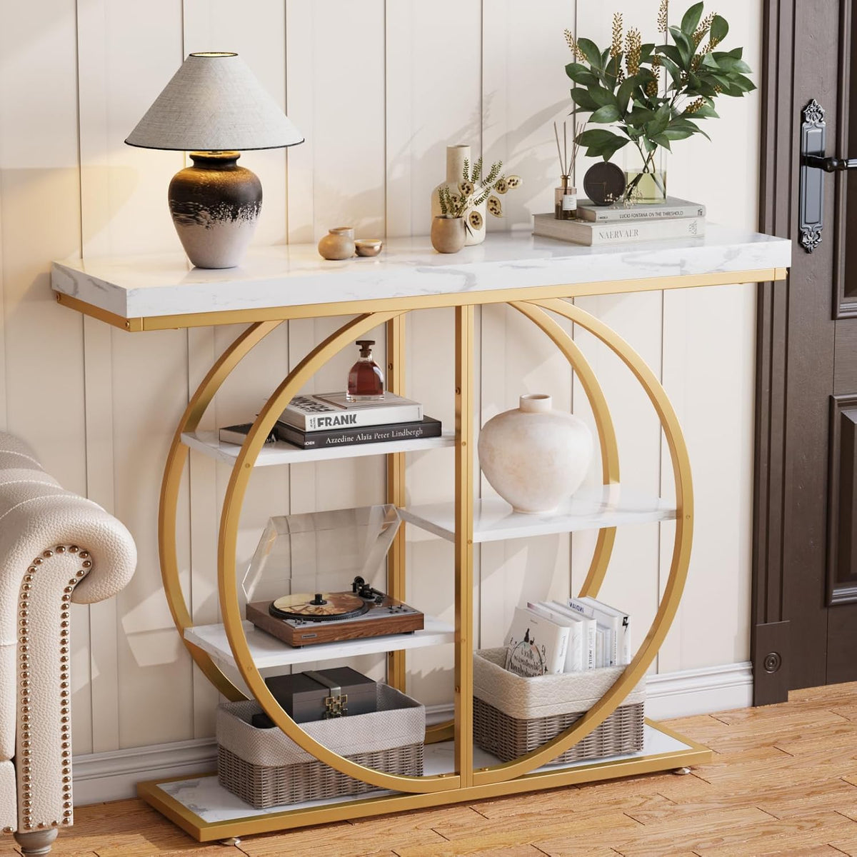 LIFECHOVY 41.3" Console Table for Entryway, Industrial Hallway Sofa Table with Storage Shelves, Narrow Accent Decor Living Room Furniture with Circle Base for Foyer, Entrance, White Gold