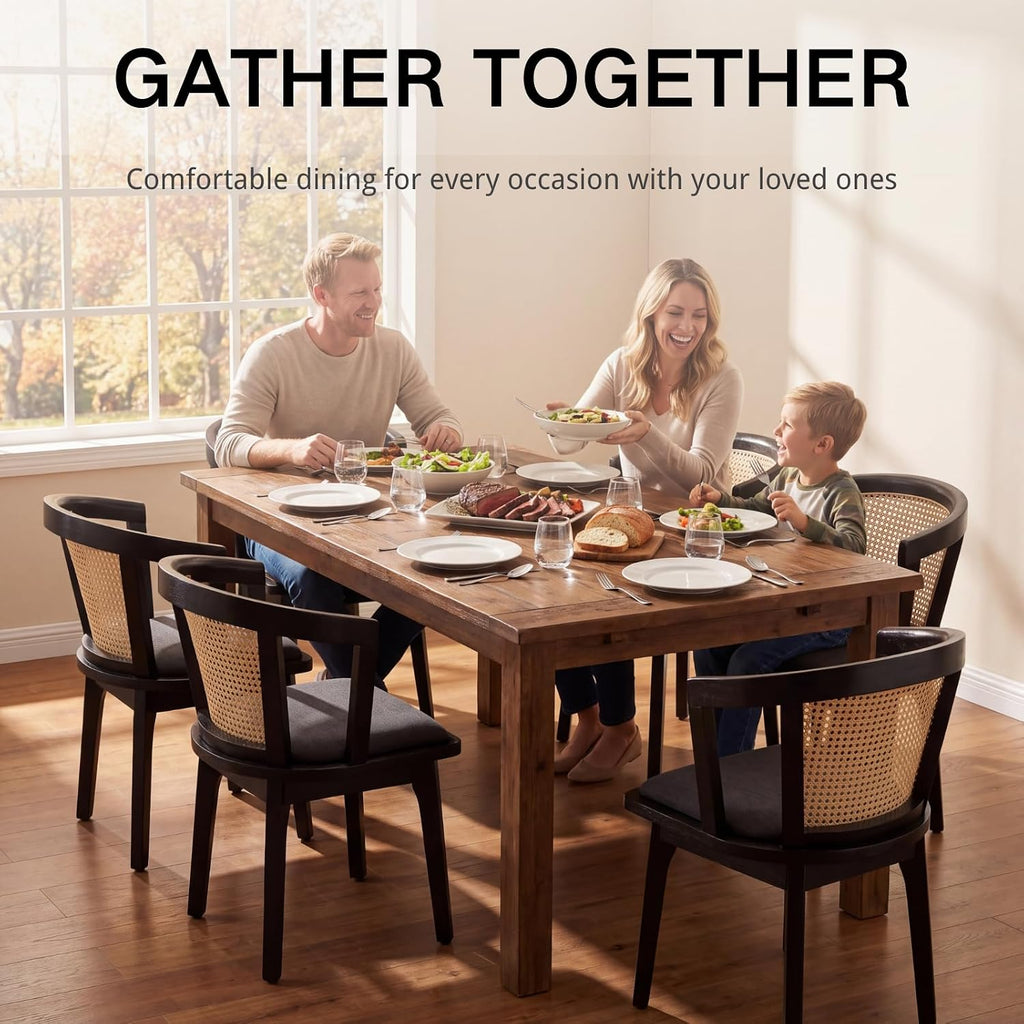 CIMOTA Set of 4 Black Rattan Wood Dining Chairs Mid-Century Modern Upholstered Dining Room Chairs Barrel Cane Back Accent Side Chair for Kitchen/Cafe/Bistro, Linen Charcoal
