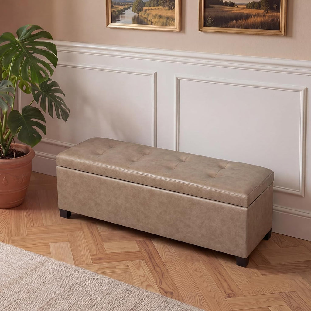 Asense Storage Ottoman Bench,42 inch Wide Upholstered Faux Leather Rectangular Ottoman with Legs,Safety Hinge Storage Bench for Living Room,Bedroom,Entryway