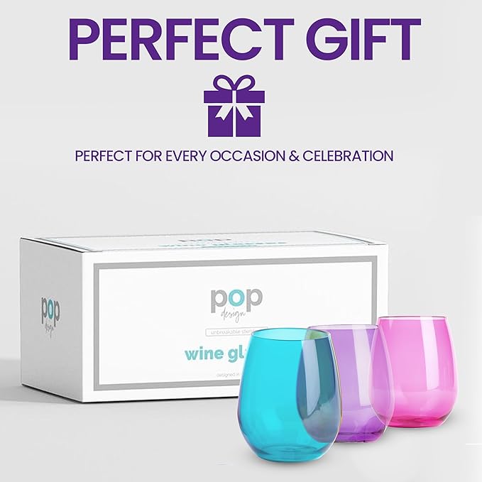 Unbreakable Stemless Glasses – Colored Wine Glasses Set of 6 Plastic Drinking glasses Wine, Water – Acrylic Plastic Gifts for Birthday Women Party, Stylish Glasses for Parties & Everyday (Jewel)