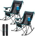 FUNDANGO Rocking Camping Chair for Adults, 400Lbs Folding Camp Chairs | 2 Pack Oversized Portable Chair for Outside with Pillows, Wide Armrest, Carry Bag for Patio Garden Outdoor(Black/Blue)