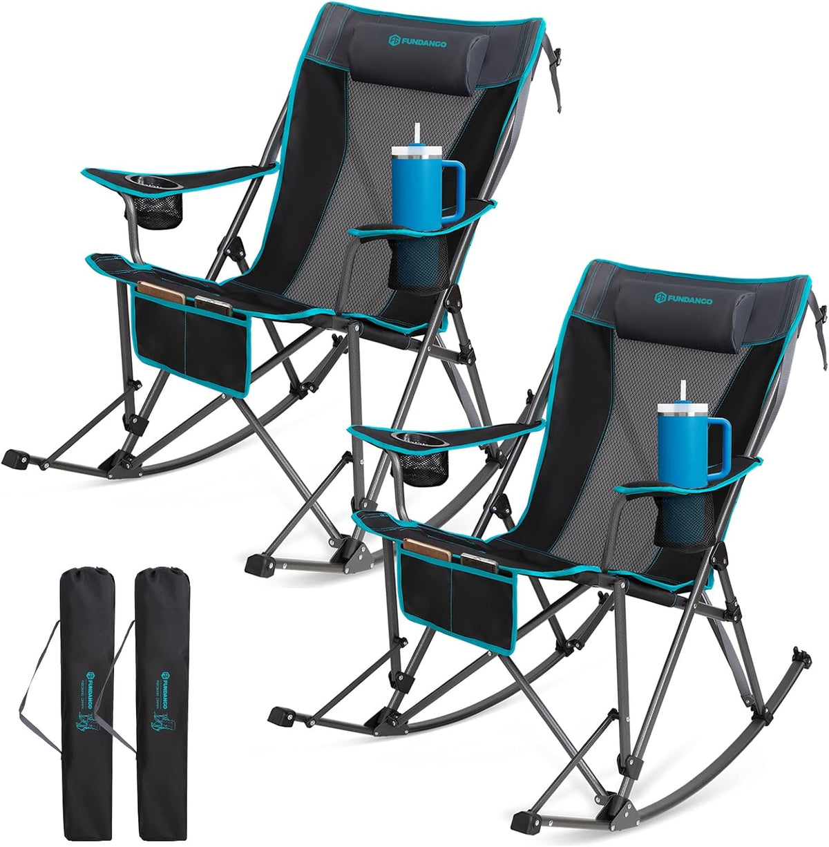 FUNDANGO Rocking Camping Chair for Adults, 400Lbs Folding Camp Chairs | 2 Pack Oversized Portable Chair for Outside with Pillows, Wide Armrest, Carry Bag for Patio Garden Outdoor(Black/Blue)