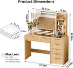 47“Makeup Vanity Desk with Mirror and Lights, Vanity Desk with 7 Drawers & Storage Shelves, Vanity Table with Power Outlet, 3 Color Modes & Adjustable Brightness Dressing Table, Bedroom,Wood