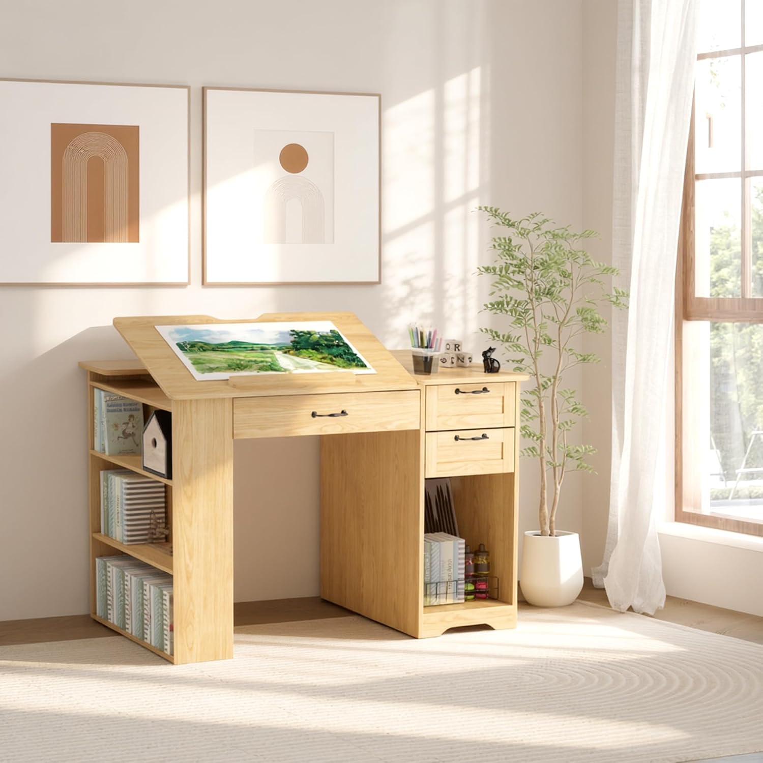 Drafting Table with Storage Cabinet & Drawers, Adjustable Drawing Table with Open Shelves, Craft Art Desk for Artists, Painters, Drawing, Crafting, Reading, Writing, Working