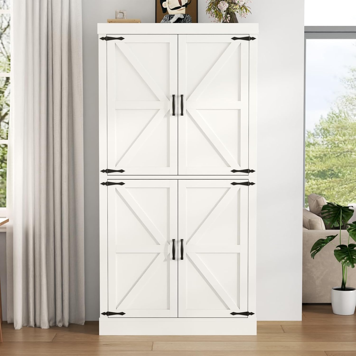 Gyfimoie 70" Tall Kitchen Pantry, Farmhouse Storage Cabinet with Barn Doors,Kitchen Hutch Pantry Cabinet with Adjustable Shelves,Organizer,Rustic Wood Cupboard for Dining Room, Bathroom (White)