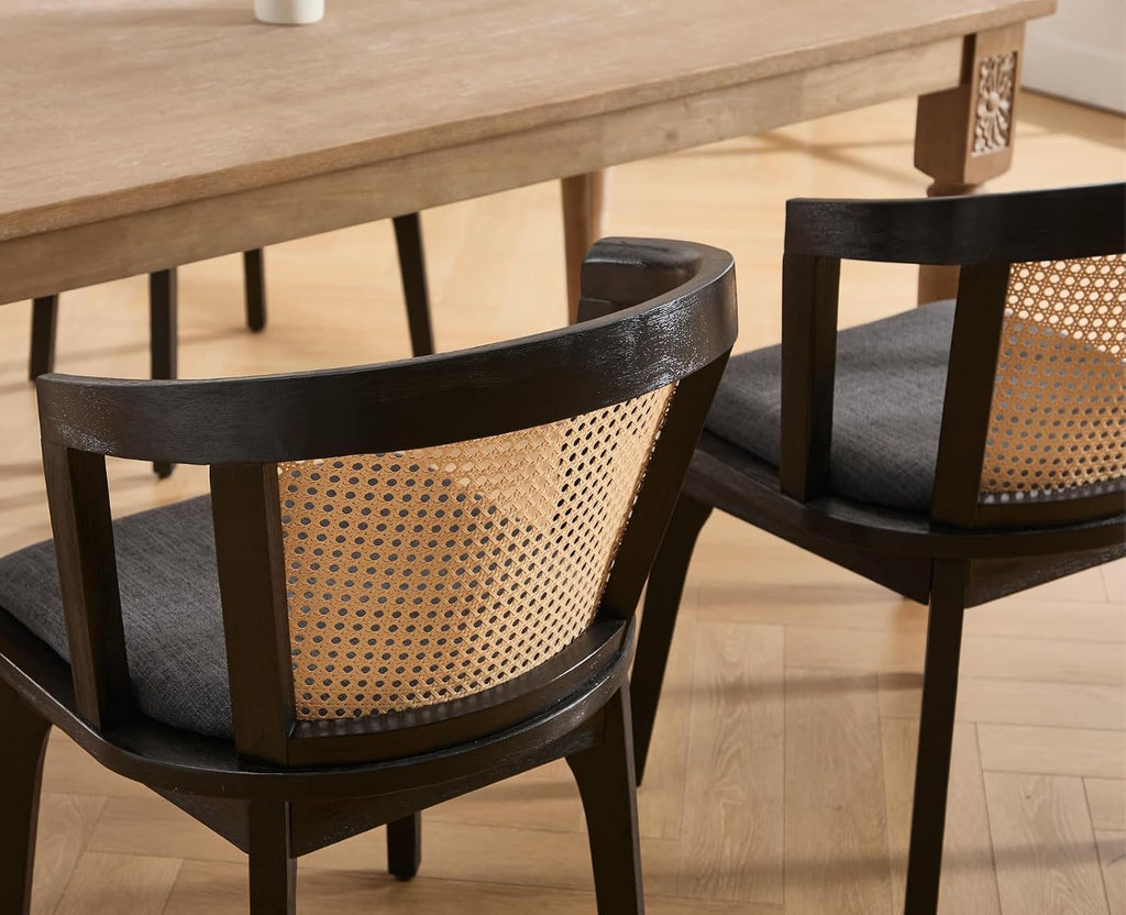 CIMOTA Set of 4 Black Rattan Wood Dining Chairs Mid-Century Modern Upholstered Dining Room Chairs Barrel Cane Back Accent Side Chair for Kitchen/Cafe/Bistro, Linen Charcoal